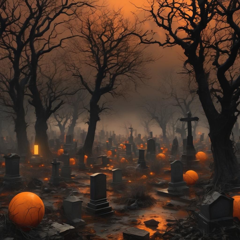 Eerie Cemetery in Forest with Ominous Clouds