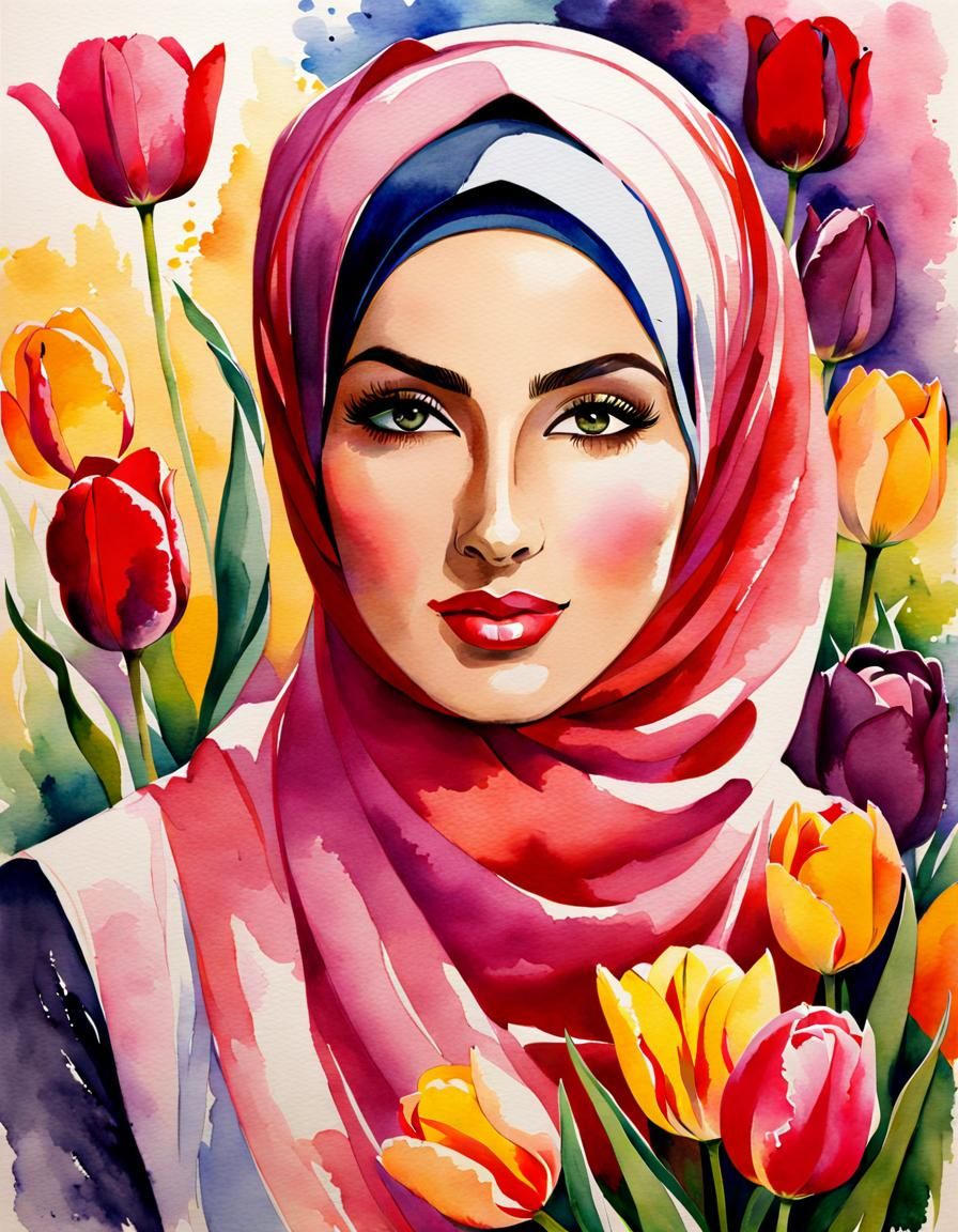 Beautiful Hijabi Woman in Rose Garden, Watercolor Portrait