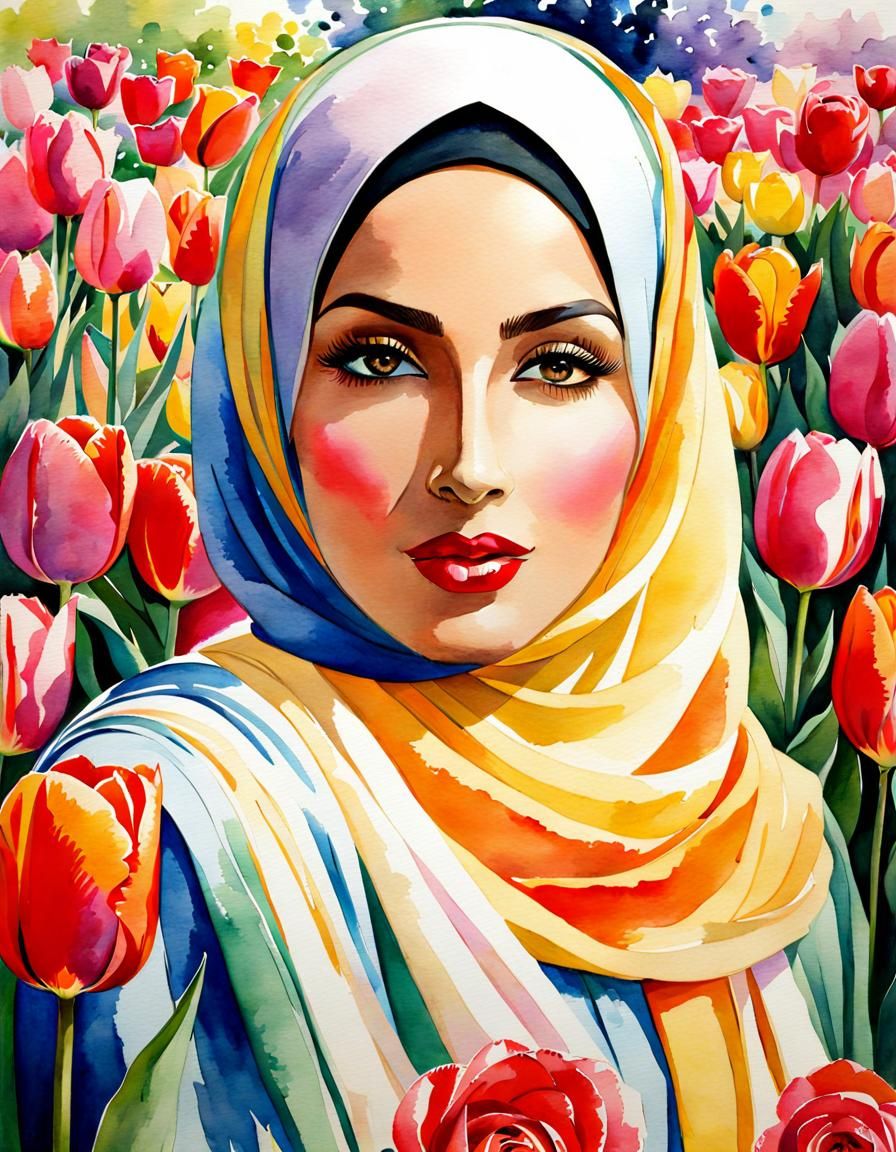 Vibrant Watercolor Portrait of Hijabi Woman in Garden