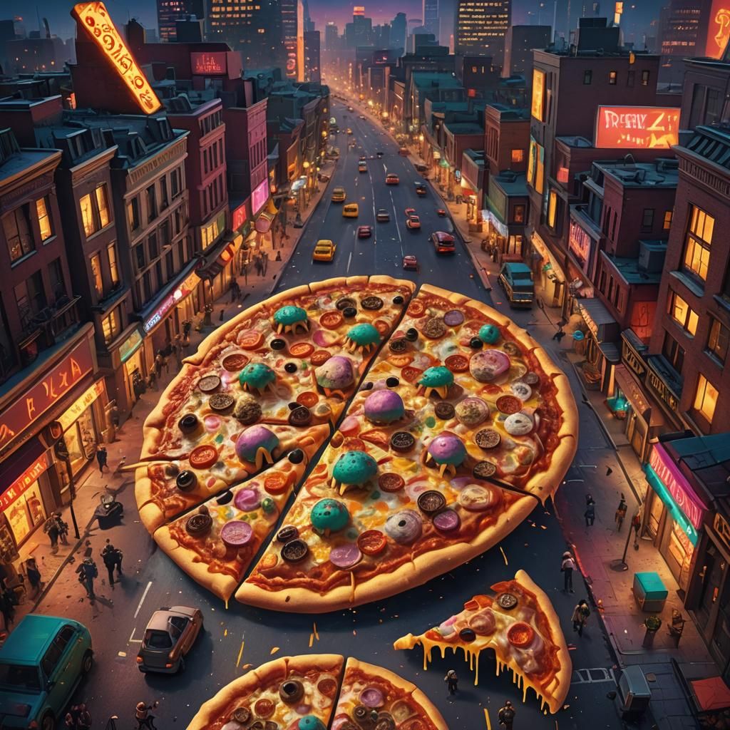 Colorful Pizza Monster Emerges in Pixel Art Style