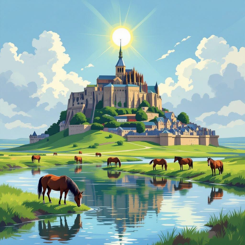 Majestic Castle on Green Hill: A Colorful Sketch