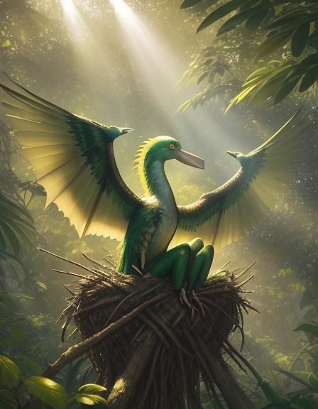 Pterodactylus on Nest in Jurassic Forest, Photorealistic