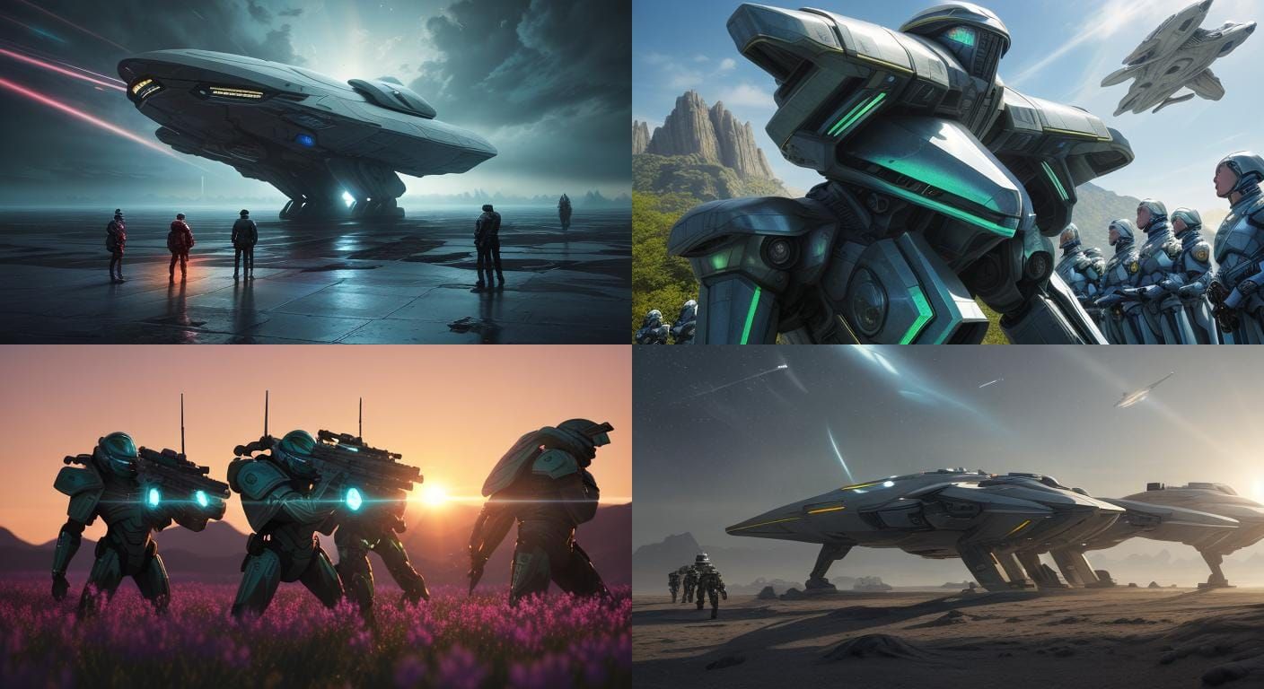 Alliance of Humans and Kreelans in Sun-Drenched Landscape