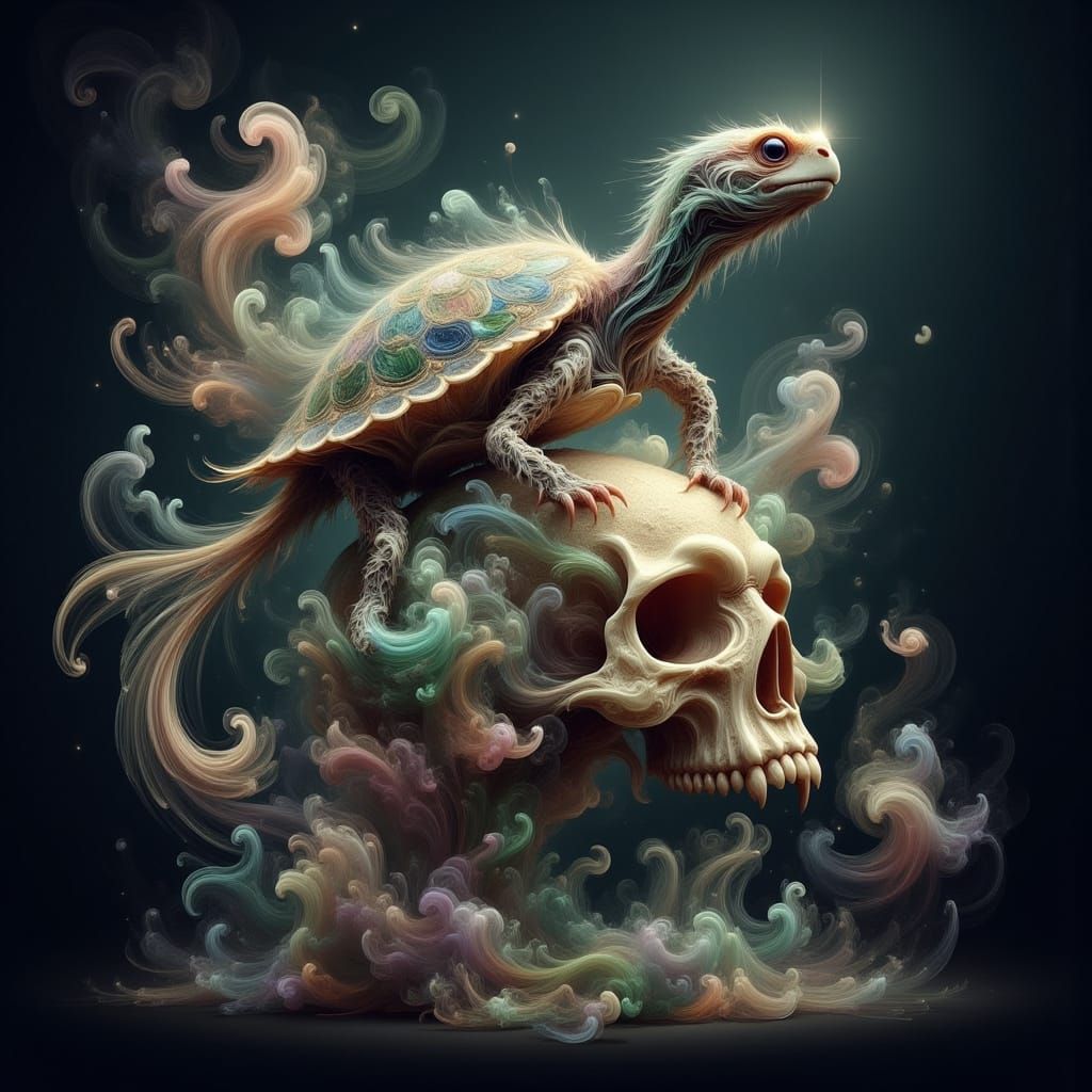 Singing Turtle with Crystal Skull in Dark Fantasy Art