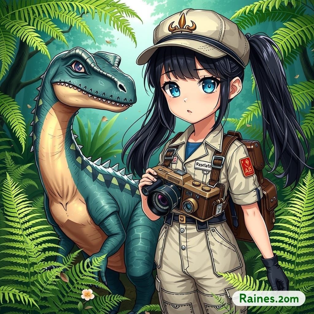 Girl and Seismosaurus in Anime Style