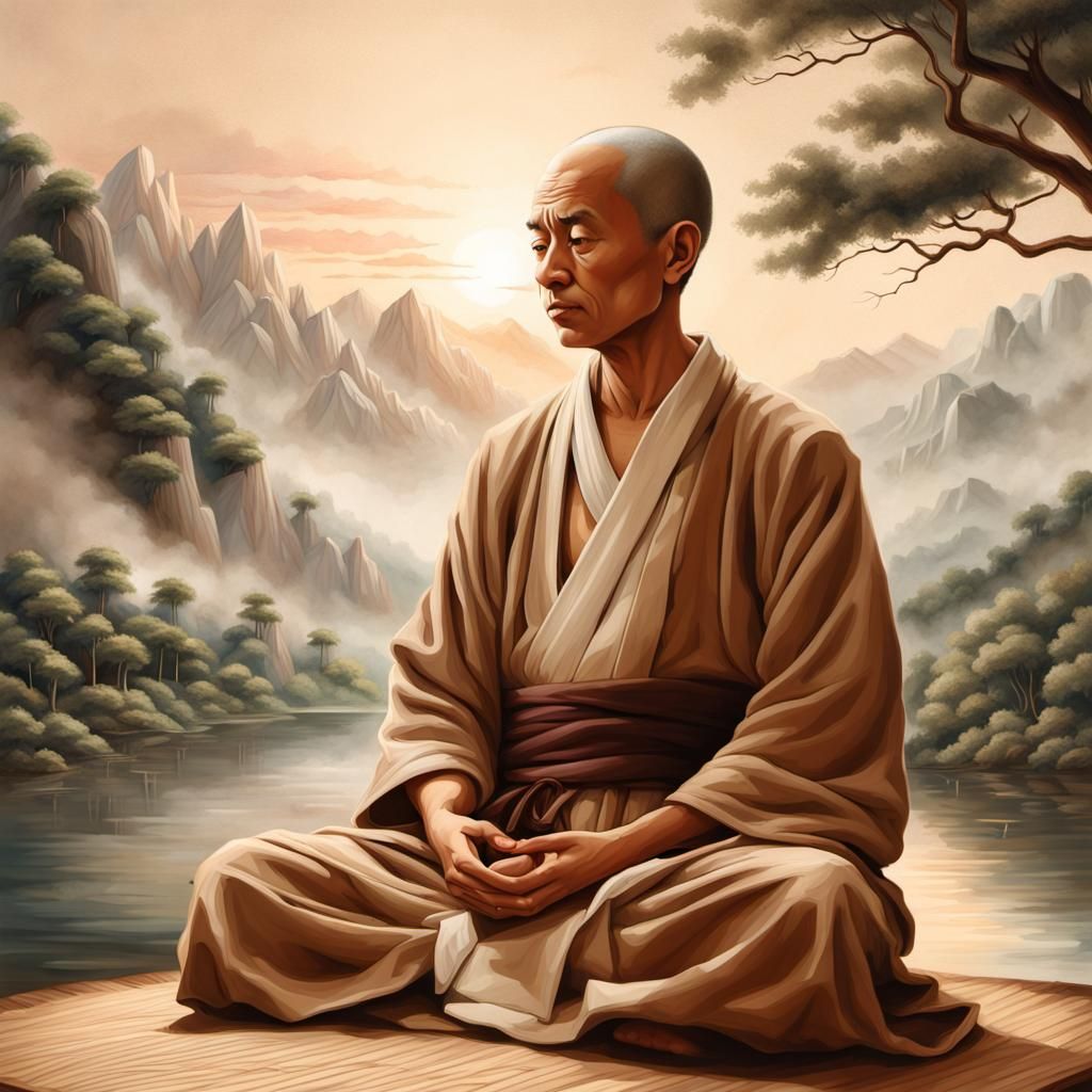 Meditating Monk in Pyrography Style, Mountain Landscape