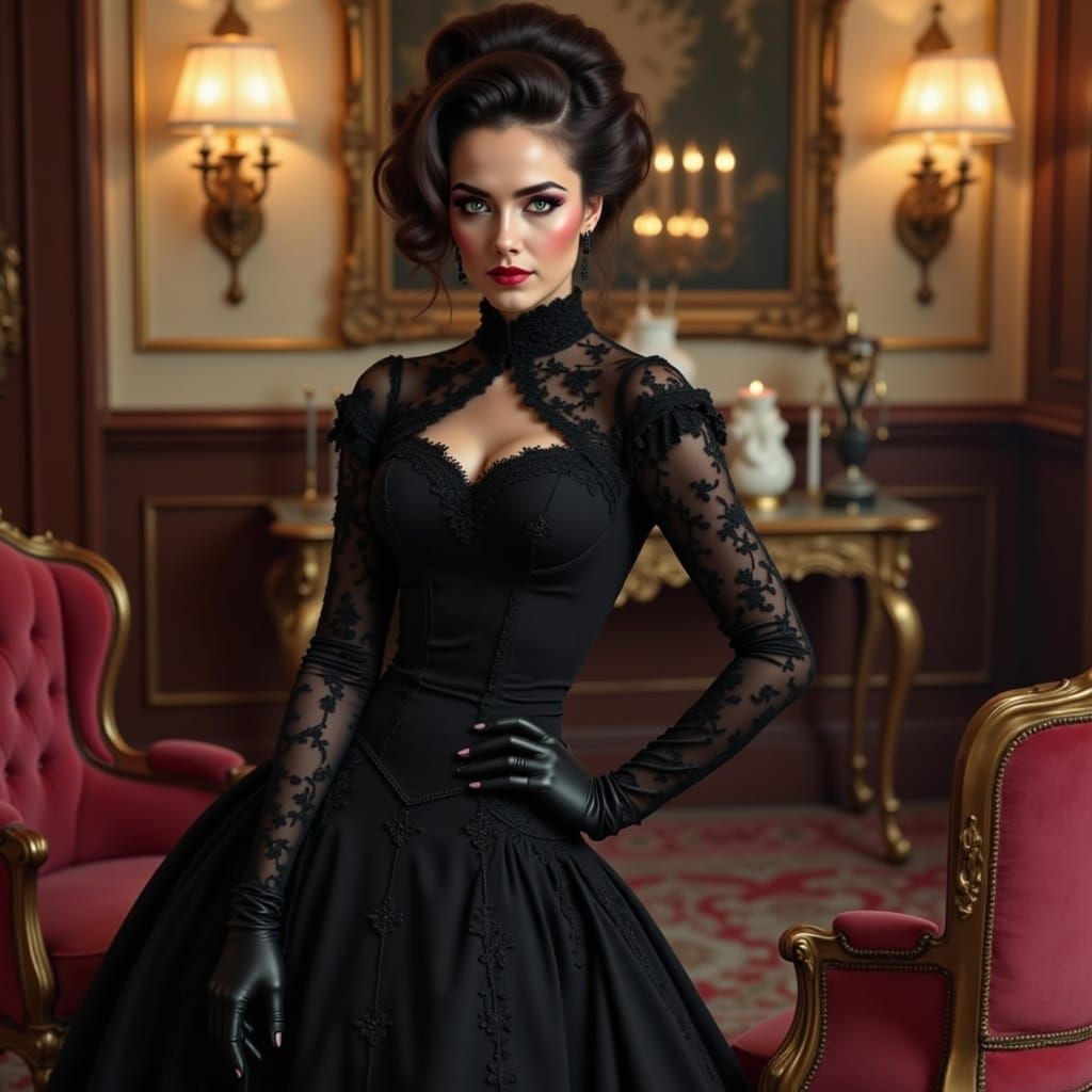 Gorgeous Victorian-Era Woman in Black Lace Attire