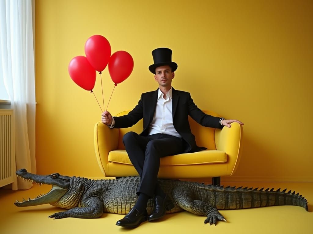 A Man Holds Red Balloons in a Surreal, Minimally Decorated B...