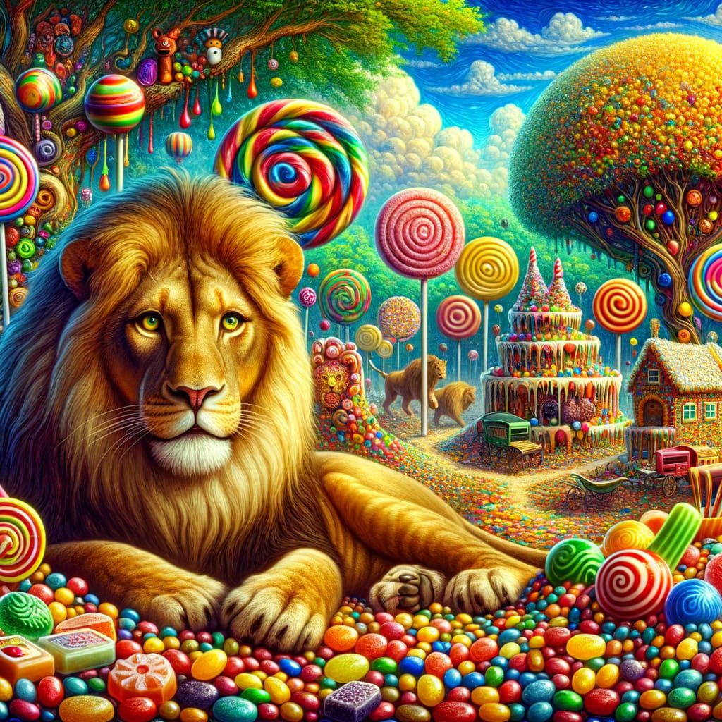 African Lion Resting in a Vibrant Candyland