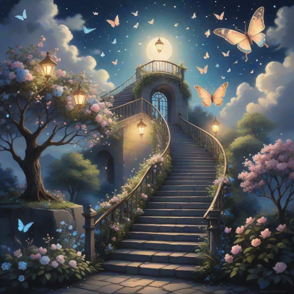 Ethereal Stairs Ascend to Mountain Top in Anime Realism