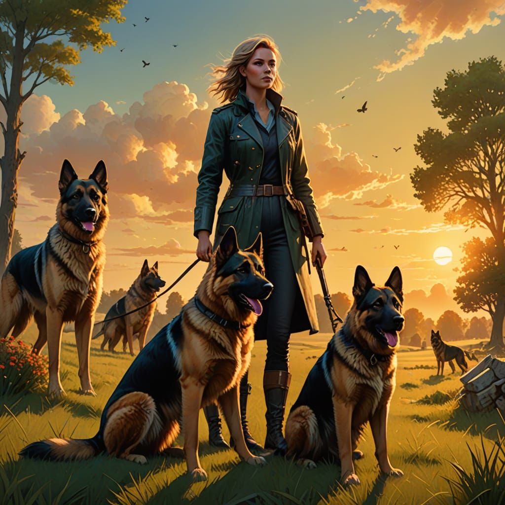 Woman With Belgium and German Shepherds in Golden Hour