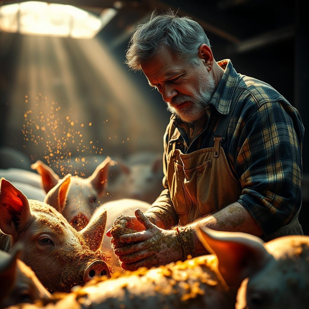 Grizzled Hog Farmer in Earth-Toned Overalls Feeds Pigs in Mu...