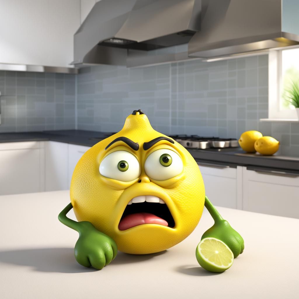 Grumpy Lemon Cartoon Character on Kitchen Counter