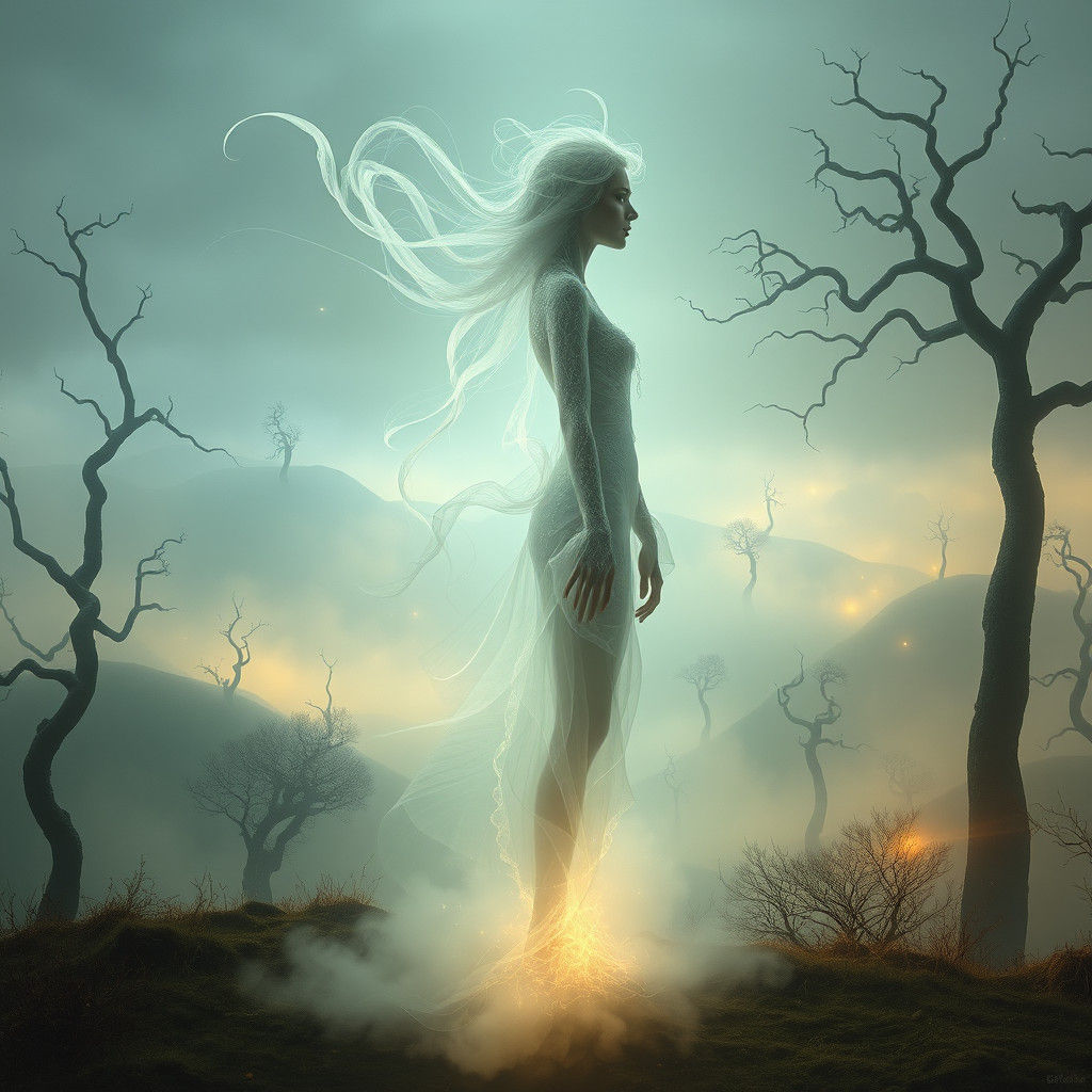 Ethereal Mist Woman in Surreal Glowing Landscape