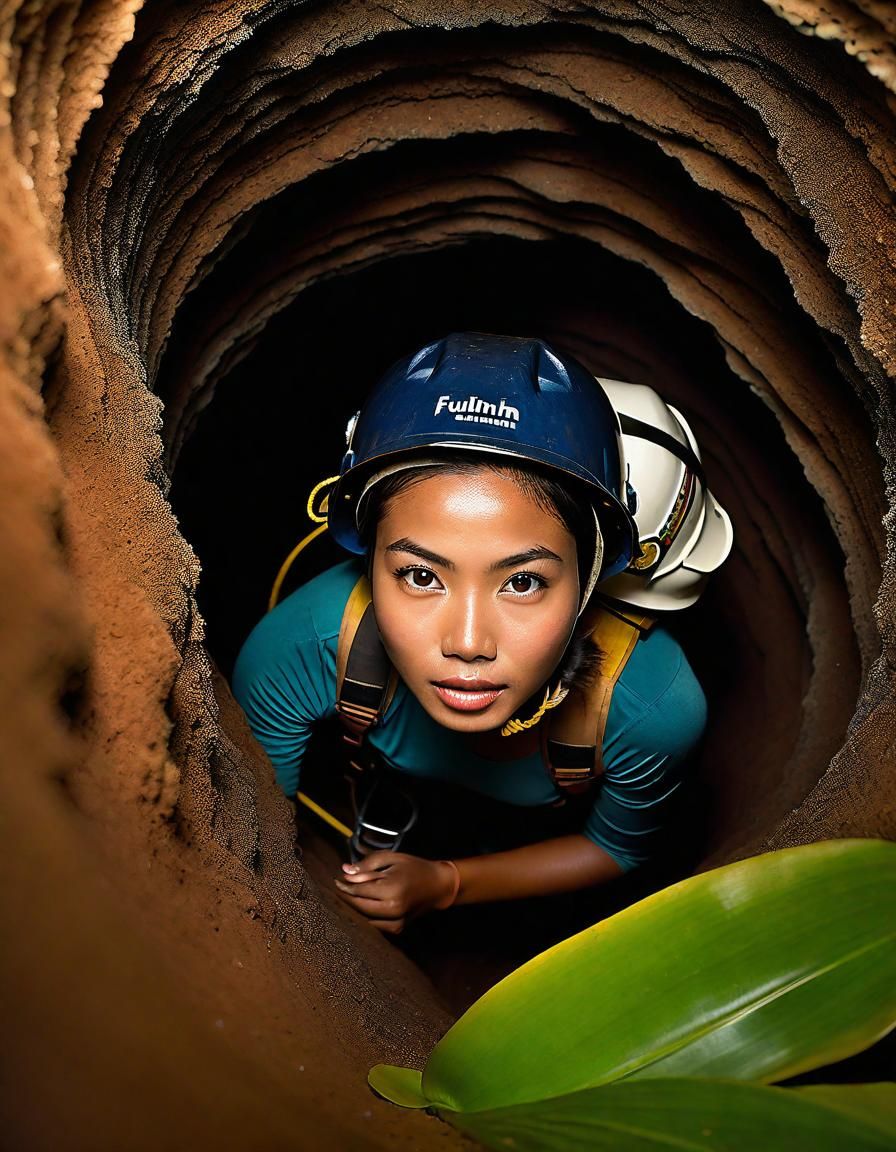 Indonesian Woman Descends into Tropical Underground Cavern