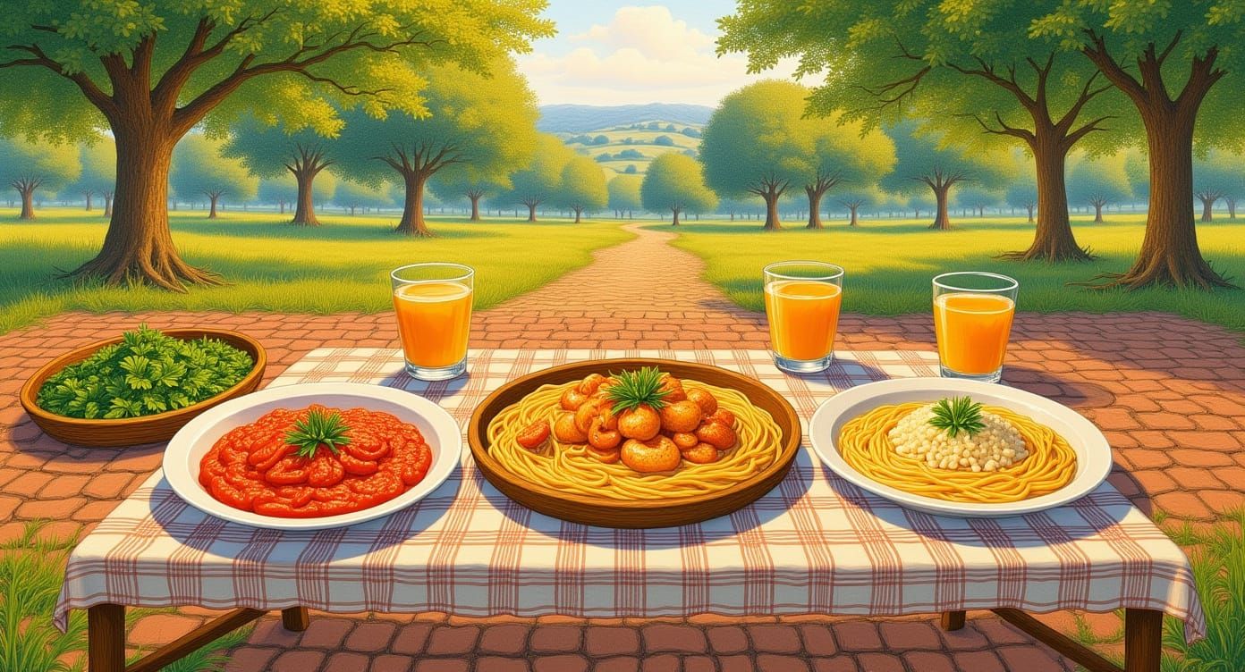 Impressionist Feast: Spaghetti Spread in Countryside