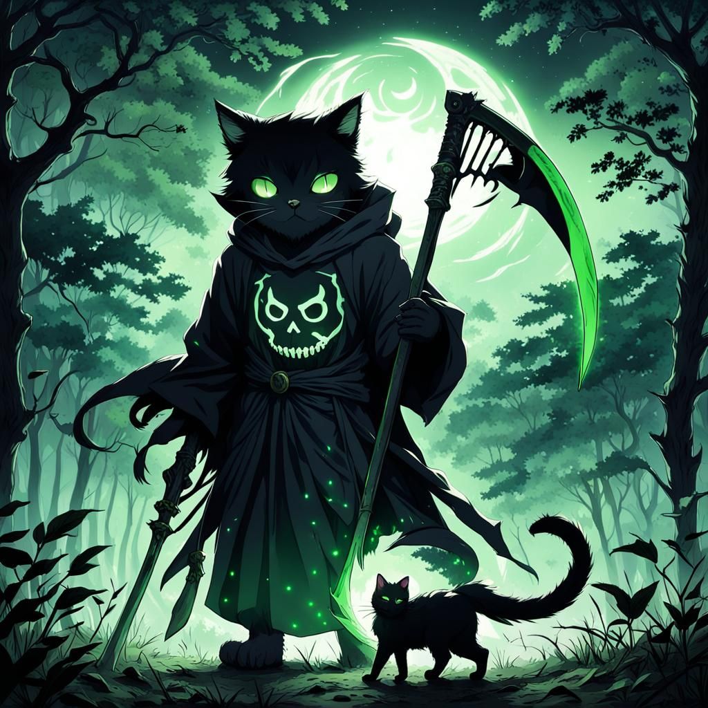 Humanoid Cat Grim Reaper in Anime Style