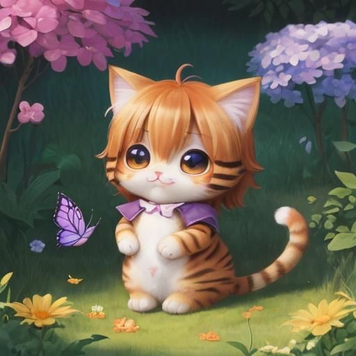 Cute Chibi Cat with Butterfly in Sunlight