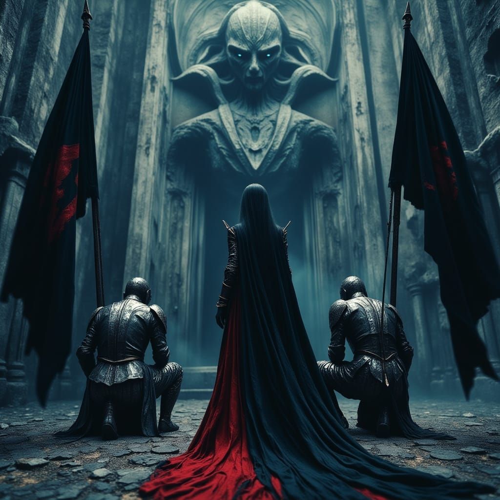 Sorrowful Woman at Knight's Tomb in Dark Fantasy Style