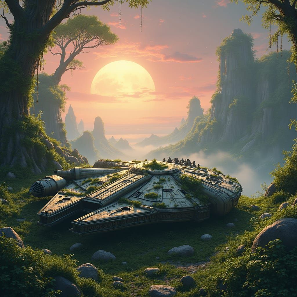 Weathered Millennium Falcon Reclaims a Tropical Planet