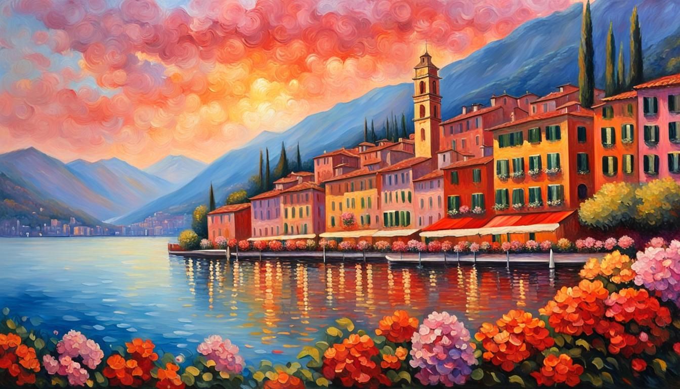 Bellagio, Italy: Impressionistic Spring Sunset Oil Painting