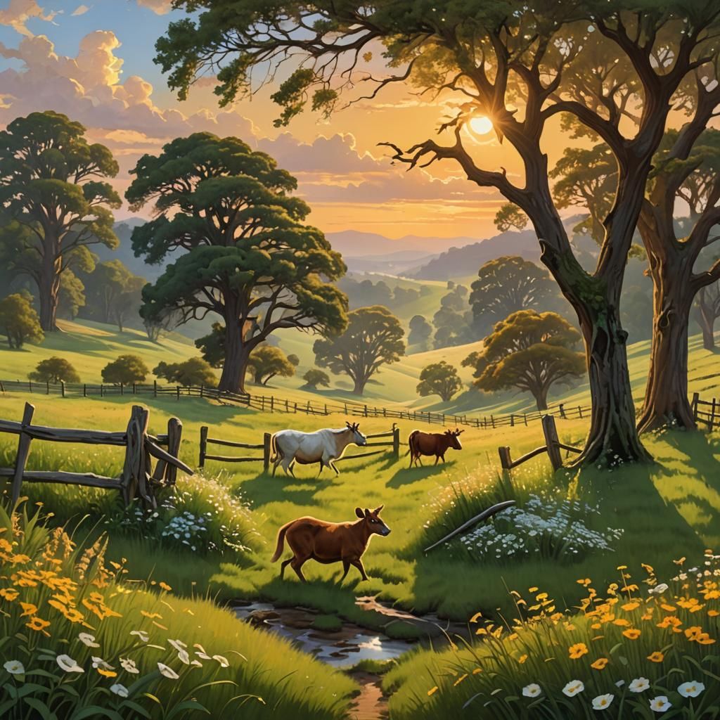 Sunset Over Green Pastures With Cows and Squirrel