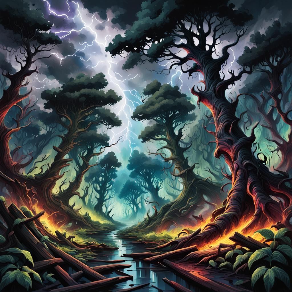 Turbulent Dark Forest Scene in Graffiti Art Style