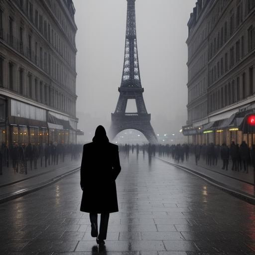 Cyberpunk Parisian Street at Night in Neo-Noir Style