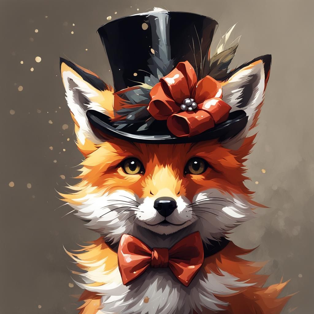 Fox Pup in Top Hat, Detailed Studio Photo