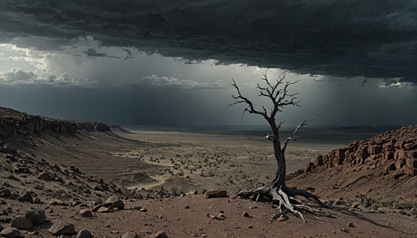 Solitary Figure in Barren Desert Landscape