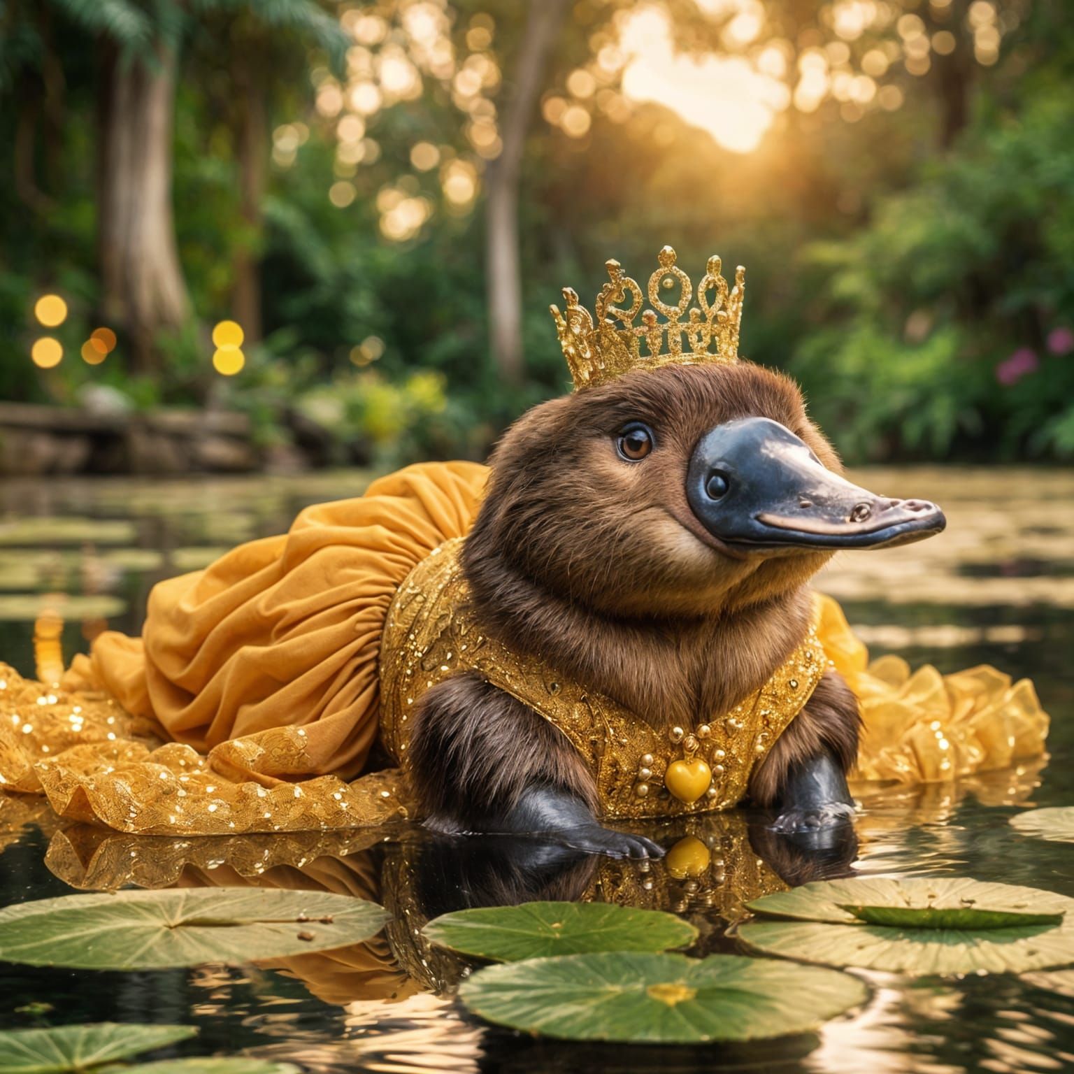 Princess Platypus in Pond with Golden Dress