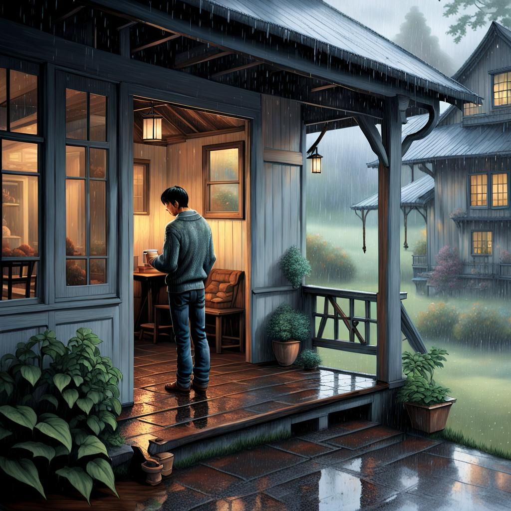 Quaint Country House in Rain with Man on Porch