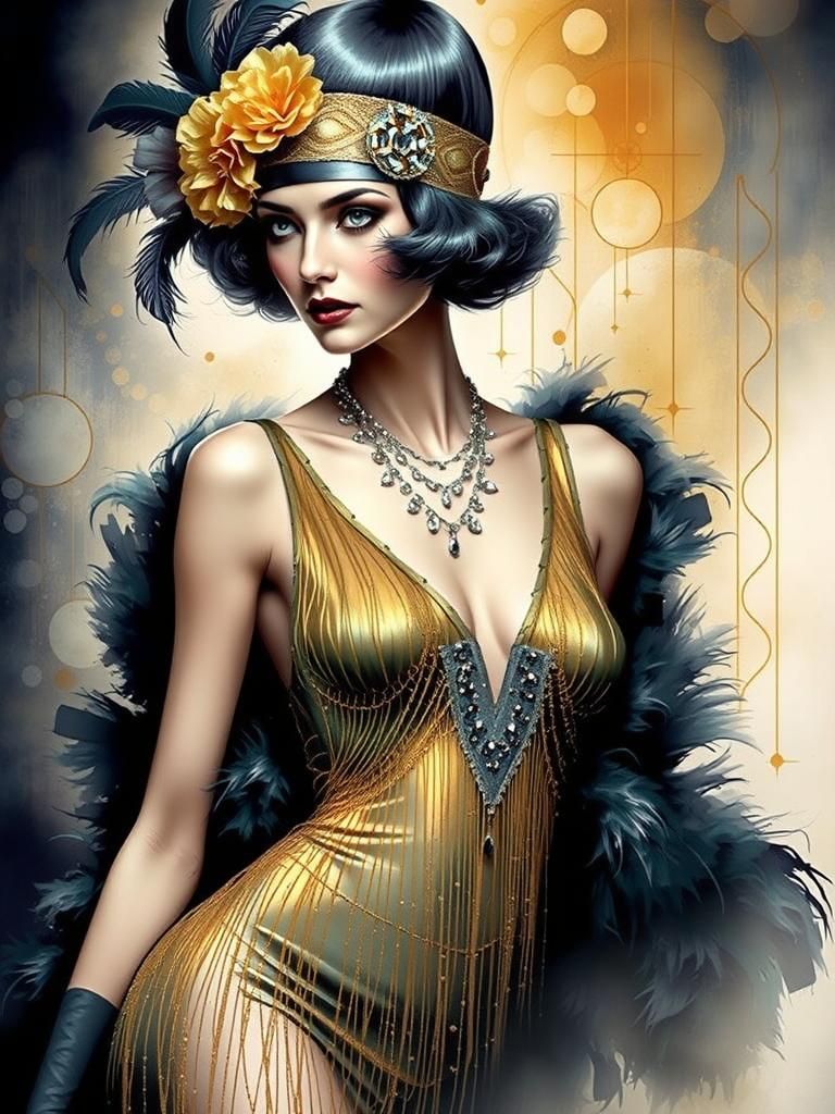 A 1920s flapper woman, posing with poise, wearing an exquisi...