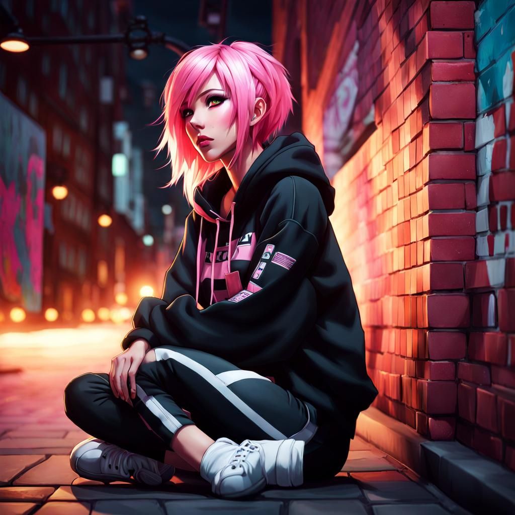 Anime Girl with Pink Hair and Graffiti Background