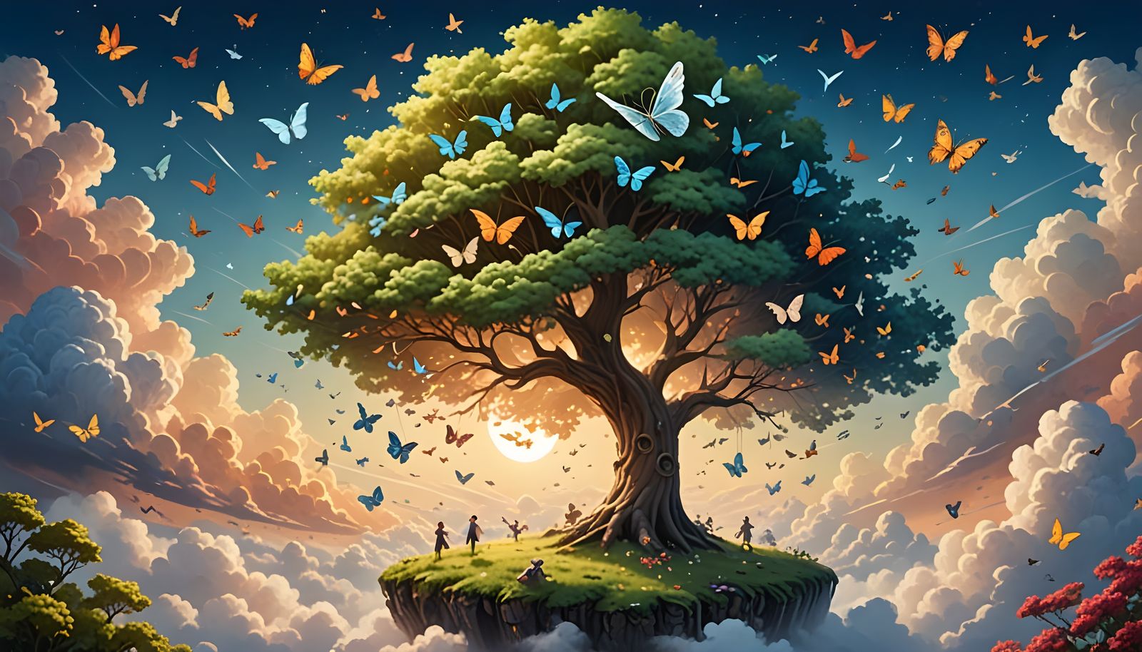 Whimsical Flying Tree Amidst Celestial Beauty