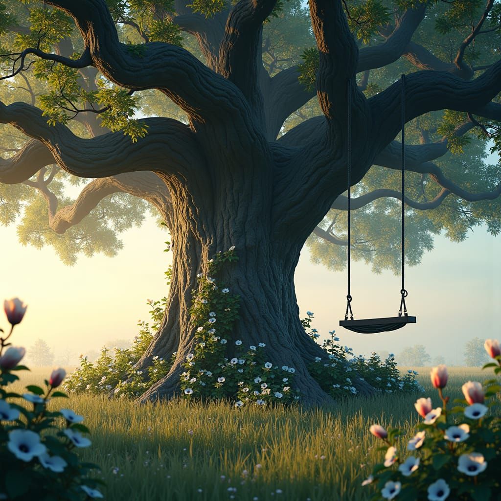 Magnolia Tree with Morning Glories at Sunrise