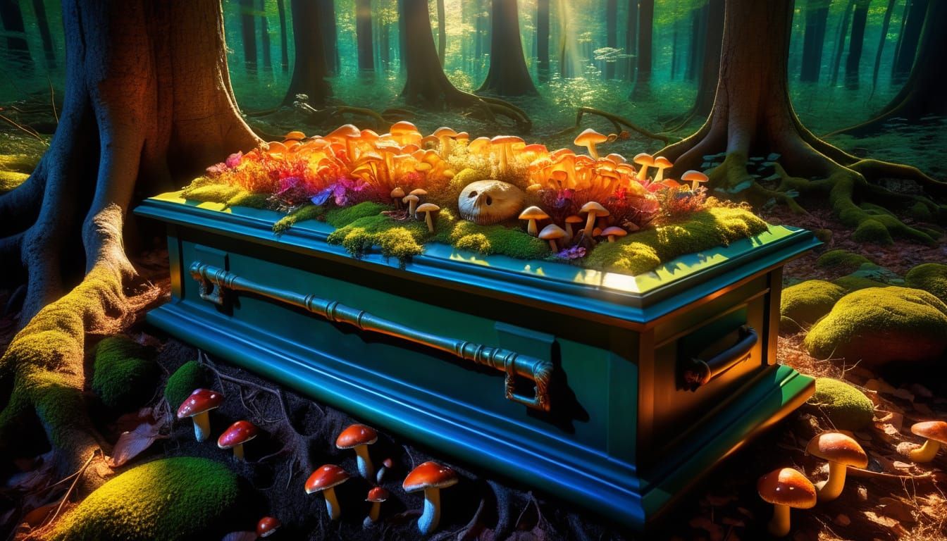 Dreamlike Glass Coffin in a Whimsical Forest Landscape