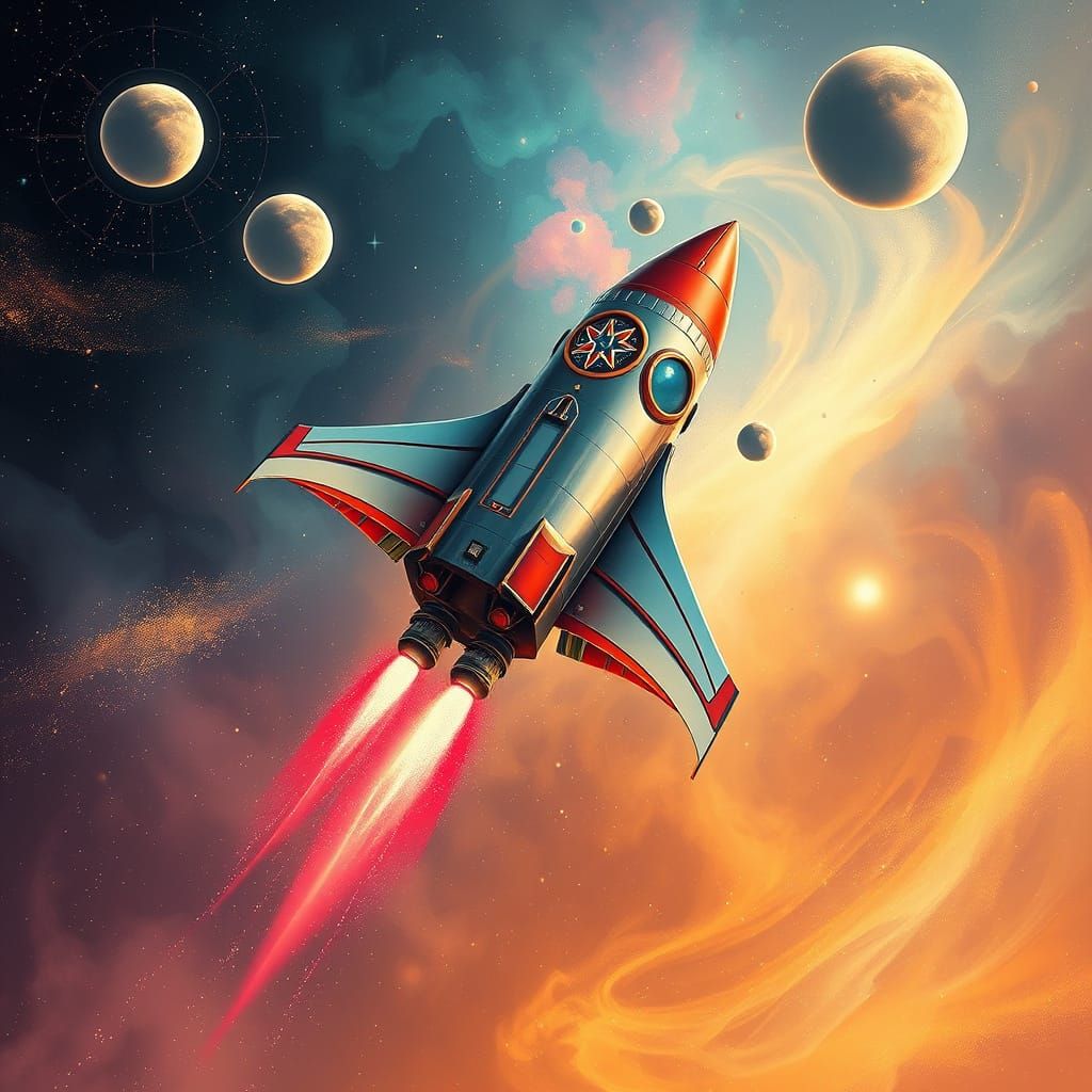 Retro-Futuristic Rocket Soars Through Cosmic Nebula