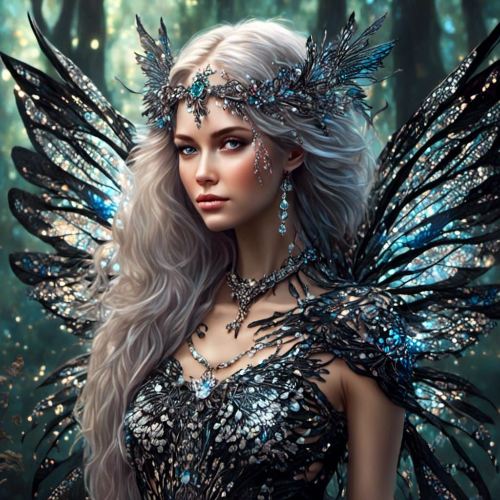 Silver and Black Fairy with Intricate Wings
