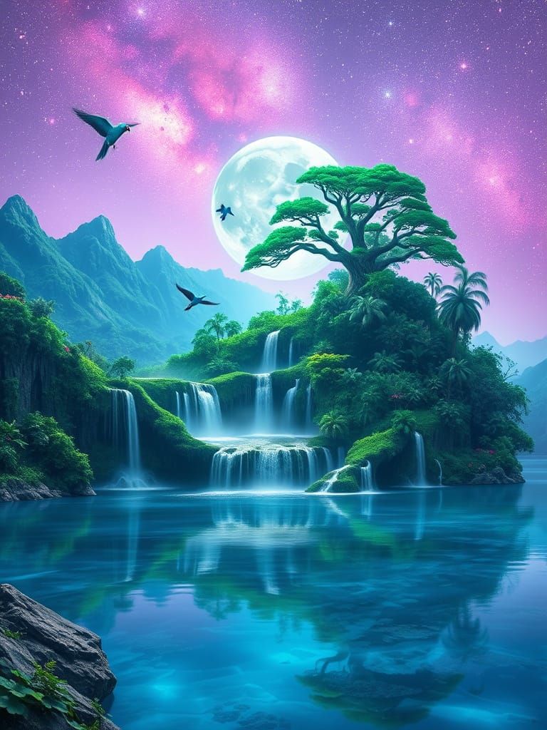 Bioluminescent Green Landscape with Floating Islands