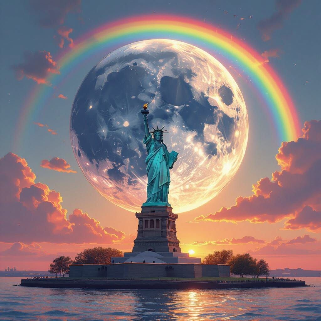 Earth Between Sun and Moon with Rainbow