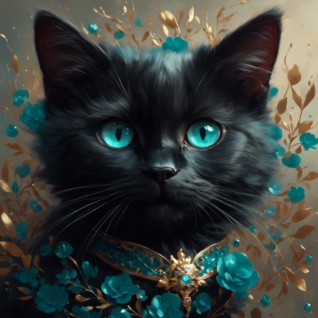 Sleek Black Cat with Teal Eyes in Soft Style