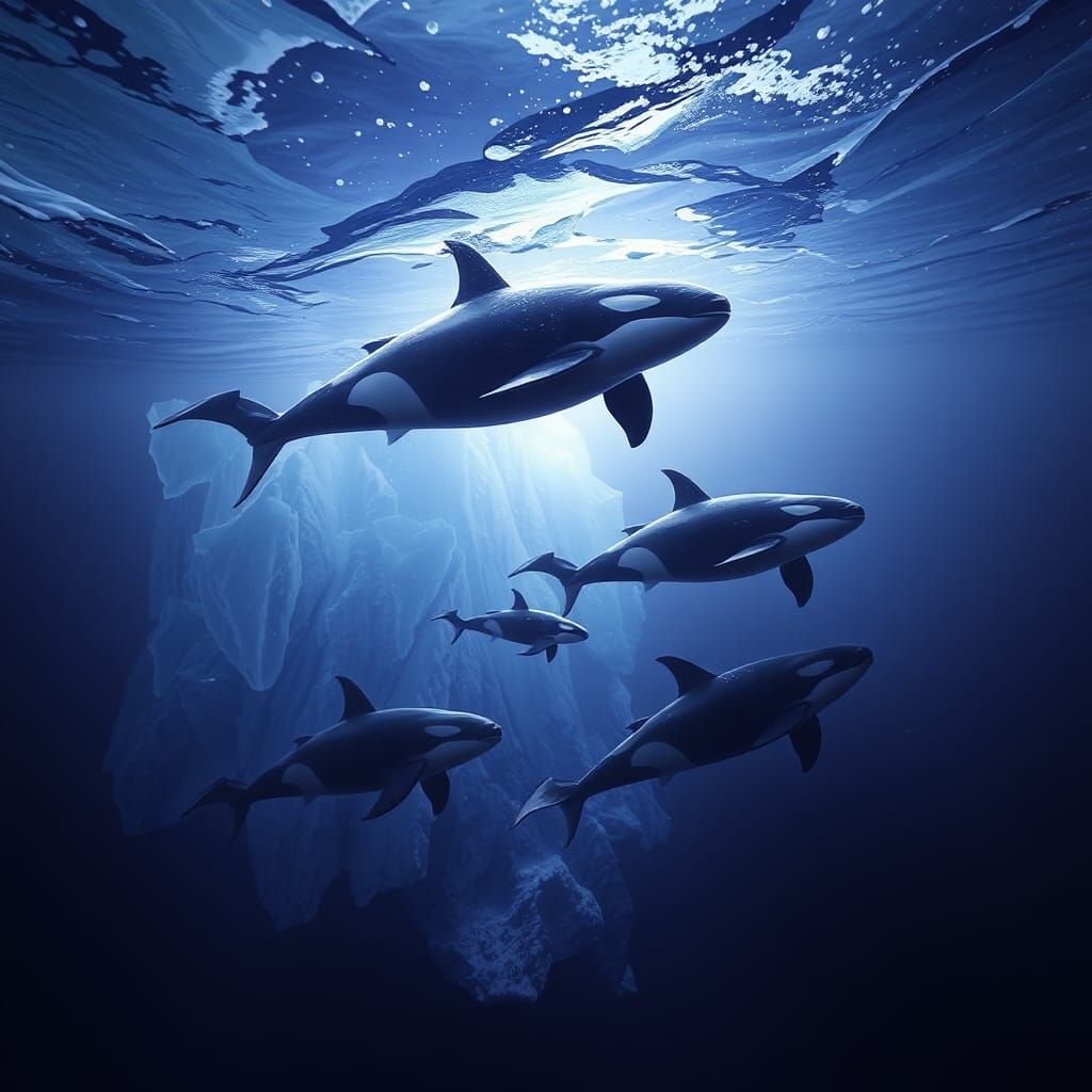 Orca Whales Swimming Under Arctic Icebergs