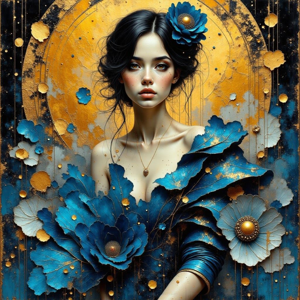 Woman in Blue and Gold with Art Deco Patterns