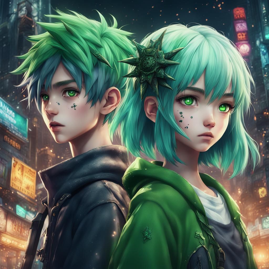 Anime Characters with Green Hair, Fantasy Art