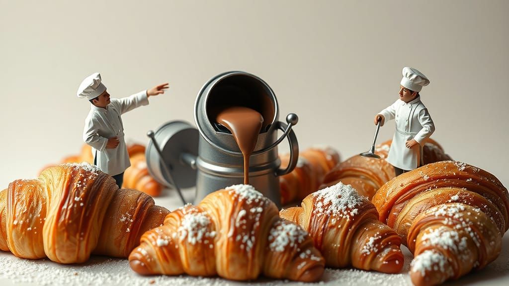 Surreal Miniature World with Chefs Pouring Hot Chocolate ove...
