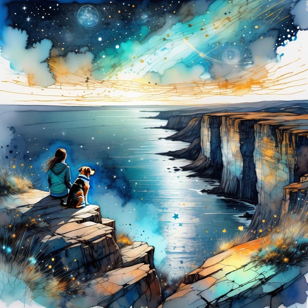 Woman and Dog Gazing at Stars in Watercolor Art