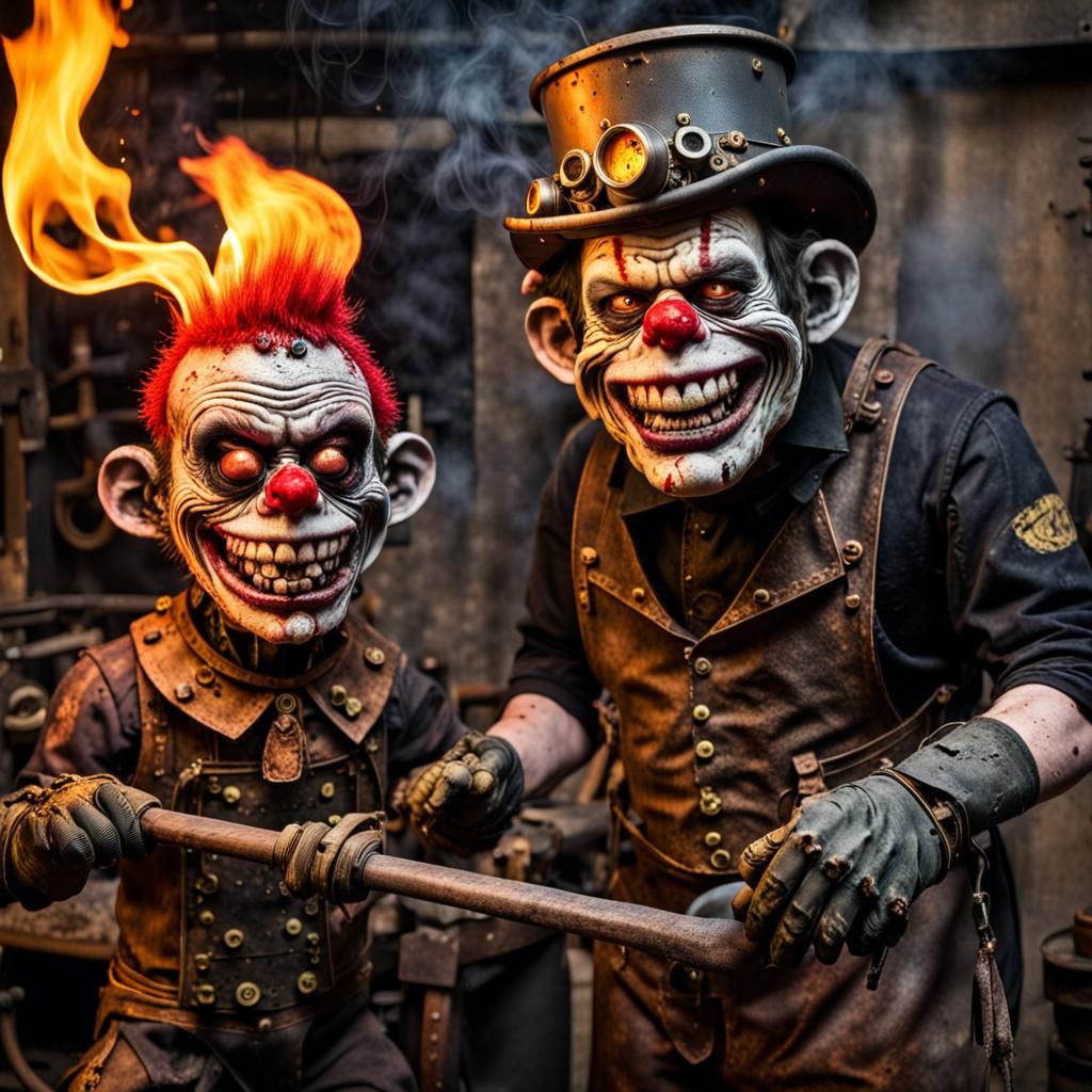 Zombie Monkey Monster Clowns at a Steampunk Forge
