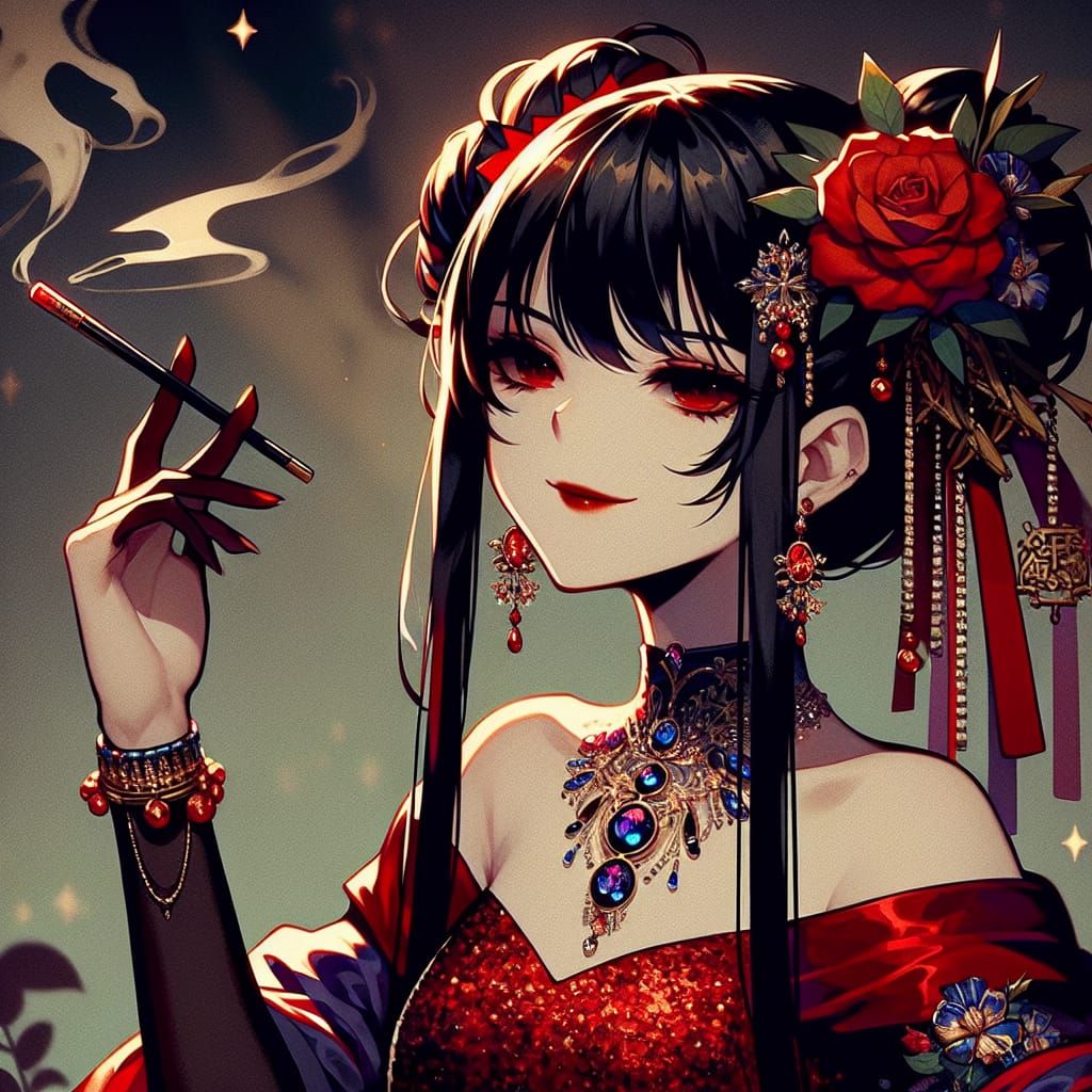 Anime-Style South Asian Goddess in Red Evening Gown