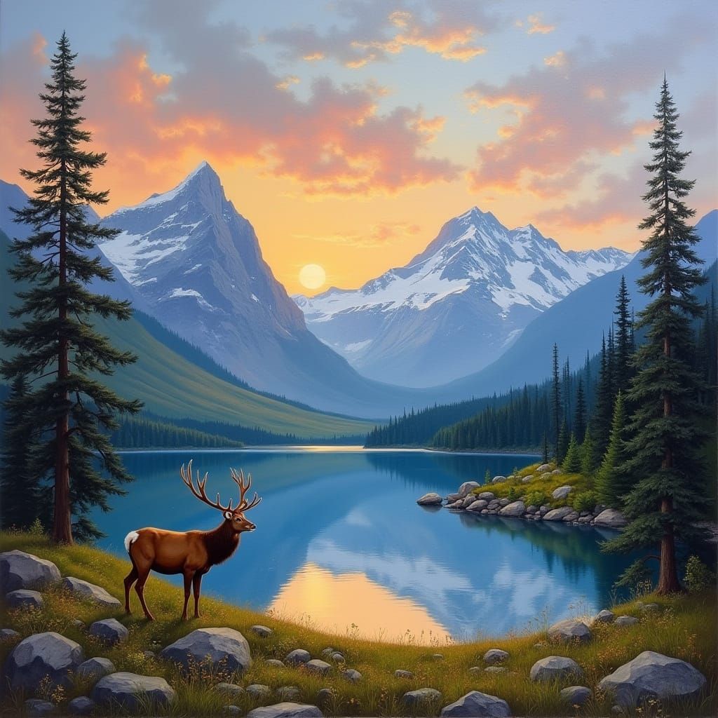 Serene Mountain Lake at Sunset Oil Painting